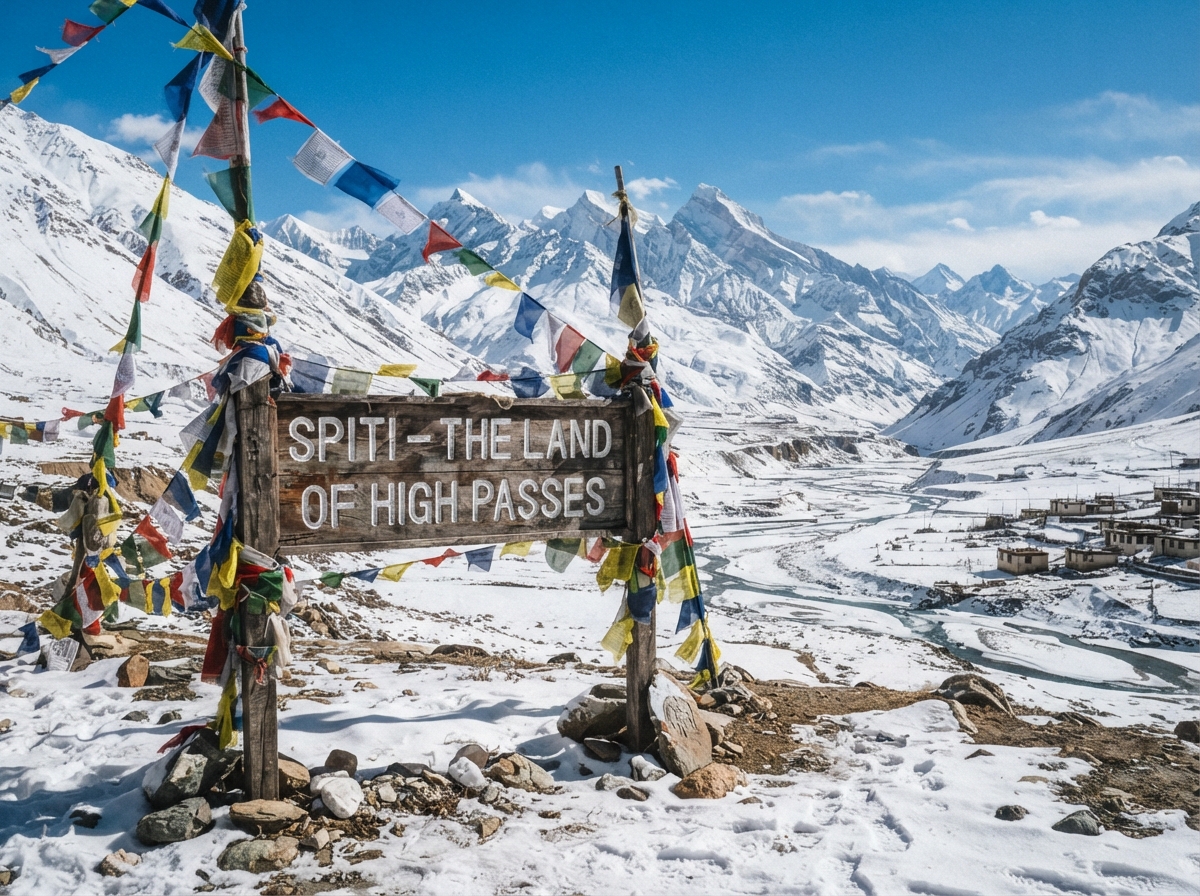 Wooden Spiti welcome sign surrounded by prayer flags and snow peaks