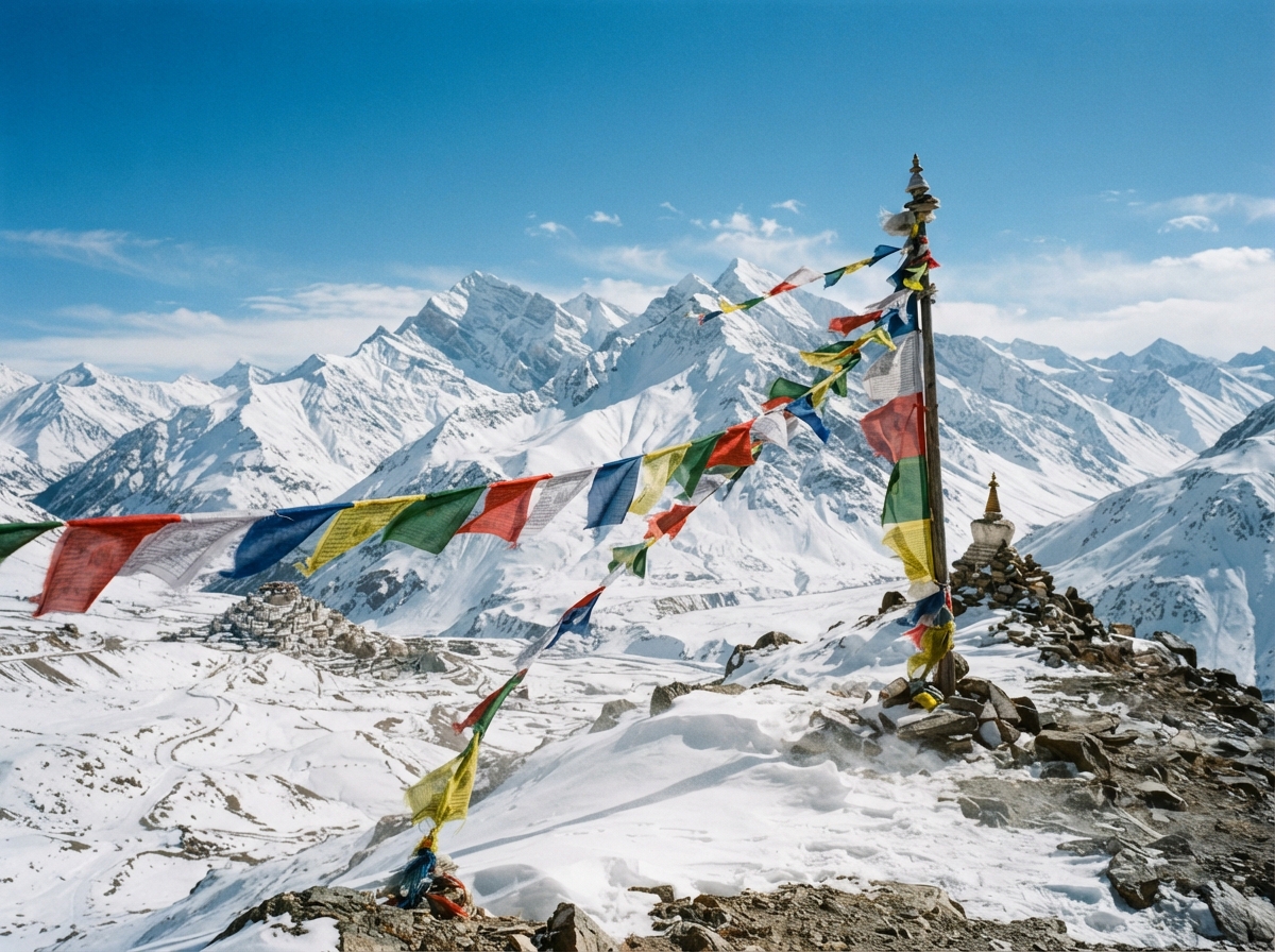 Tibetan prayer flags over snowy Himalayan peaks in Spiti